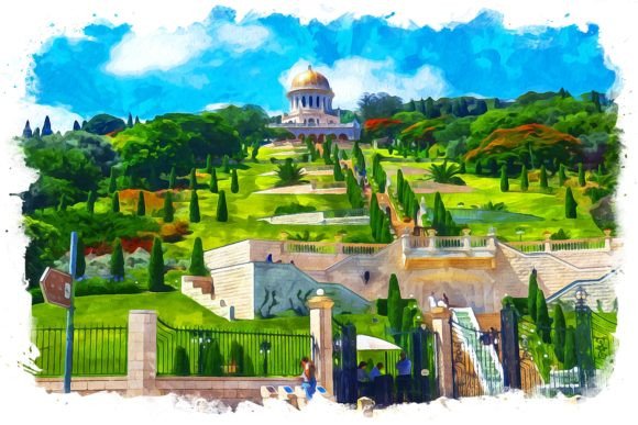 Bahai Gardens View Watercolor: Illustrations for Branding