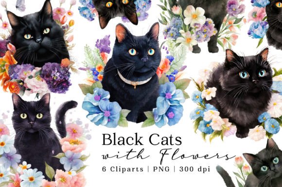Black Cat and Flowers Watercolor Clipart Illustrations