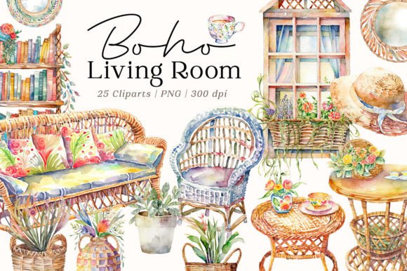 Boho Living Room Watercolor Illustrations for Branding