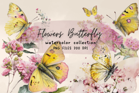 Butterfly Flower Yellow Watercolor Illustrations for Crafters