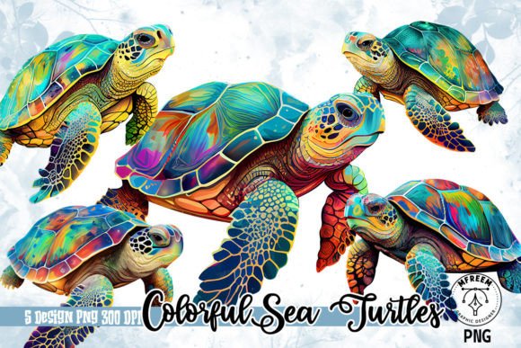 Colorful Sea Turtles Watercolor Clipart Illustrations
