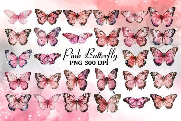 Cute Pink Butterfly Watercolor Clipart Illustrations