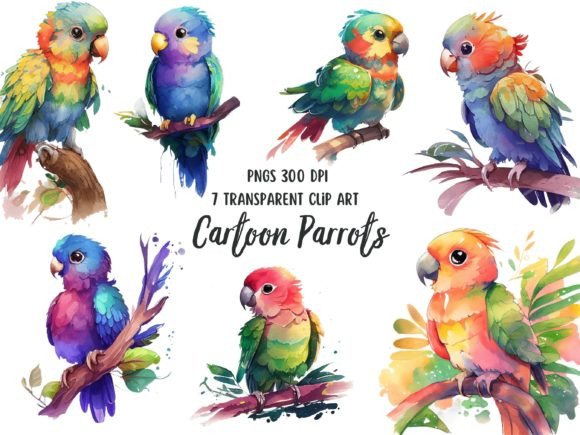 Cute Watercolor Parrots Clipart Set: Illustrations for Crafters