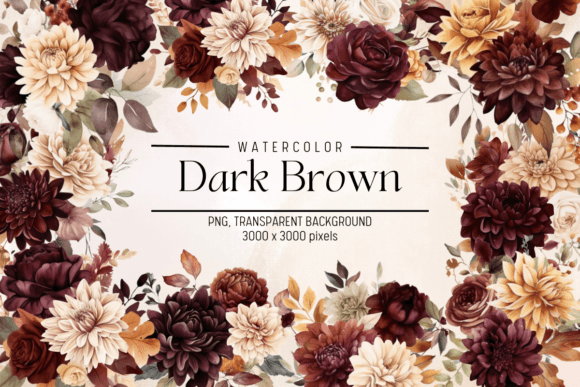Dark Brown Flowers Watercolor Clipart Illustrations