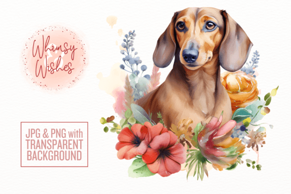 Floral Dachshund Dog Watercolor in Illustrations