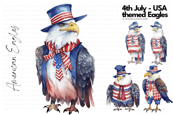 July 4th US-themed Watercolor Eagles Illustrations