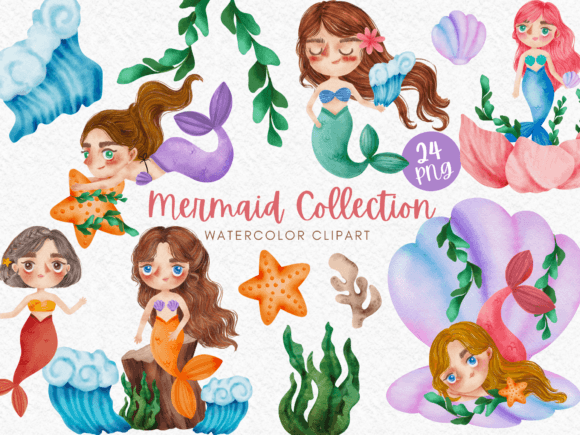 Mermaid Collection Watercolor Clipart Illustrations
