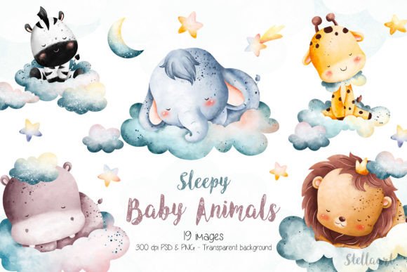 Sleepy Baby Animals Watercolor Clipart Illustrations