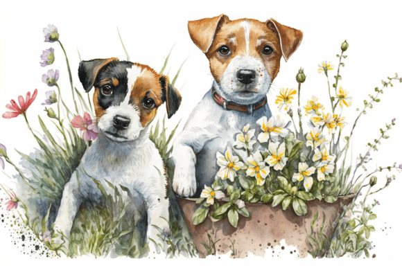 Spring Watercolor Jack Russell Puppies Illustrations