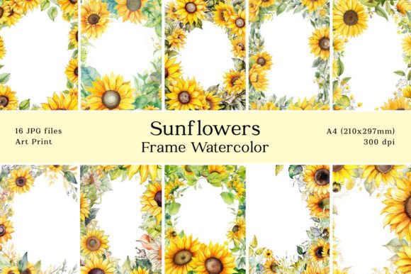 Sunflower Flowers Frame Cards Watercolor Illustrations