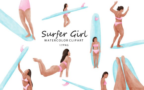 Surfer Girl Summer Watercolor Clipart Illustrations