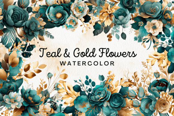Teal Gold Flowers Watercolor Clipart Review