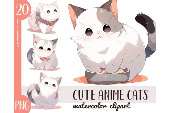 Watercolor Anime Kawaii Cats Illustrations for Crafters