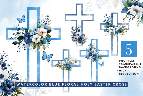Watercolor Blue Floral Holy Easter Cross Illustrations