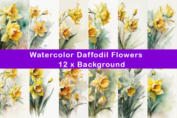 Watercolor Daffodil Flowers Background: Editorial Illustrations