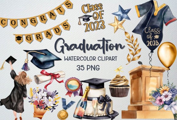 Watercolor Graduation Clipart: 35 PNG Illustrations
