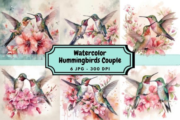 Watercolor Hummingbirds Couple Bundle Illustrations