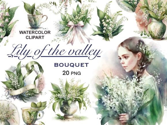 Watercolor Lily of the Valley Bouquets Illustrations