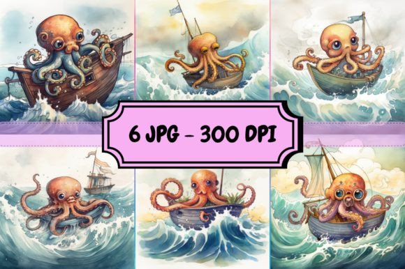 Watercolor Octopus on a Boat Bundle Illustrations