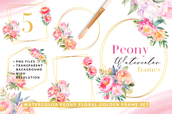Watercolor Peony Floral Golden Frame Set Illustrations