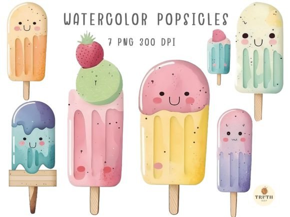 Watercolor Popsicles Summer Clipart Illustrations