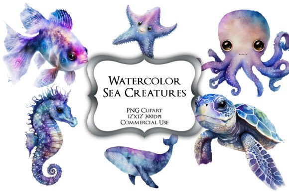 Watercolor Sea Creatures PNG Clipart Illustrations