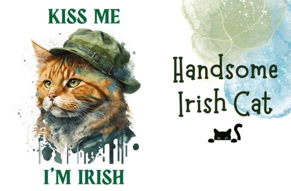 Watercolor St Patrick Cat Kiss Me Iris Illustrations