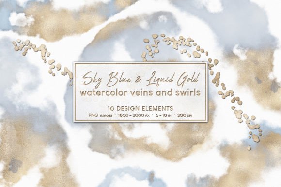 Watercolor Veins Swirls Sky Blue Gold Illustrations