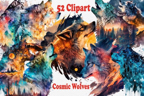 Watercolour Style Cosmic Wolves Clipart Review