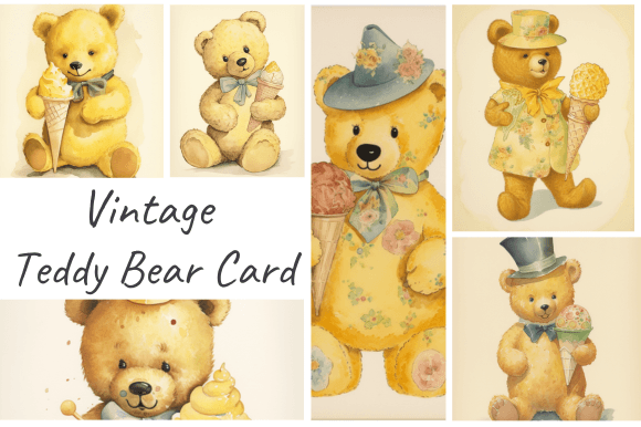 Yellow Vintage Teddy Bear Watercolor Illustrations for Crafters